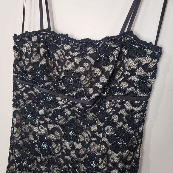 Etoile Size 12 Large Black Cream Beaded Sheath Lace Dress with Spaghetti Straps - Picture 2 of 13